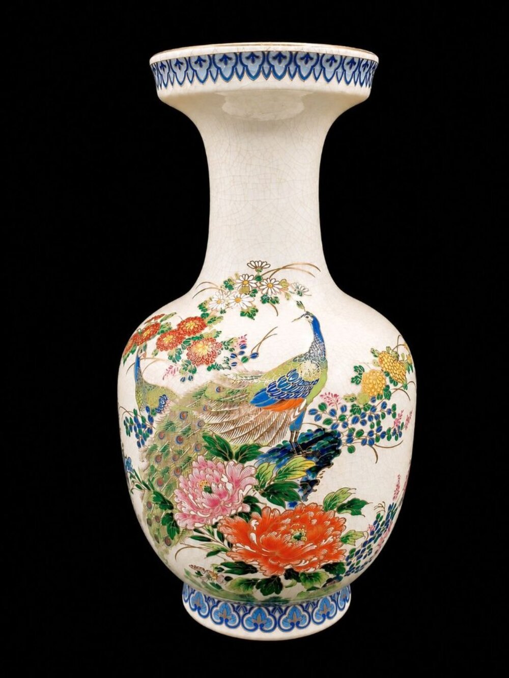 Otagiri Mid Century Satsuma Peacock Phoenix Large Crackled Floral Gold Line Vase - Picture 3 of 6